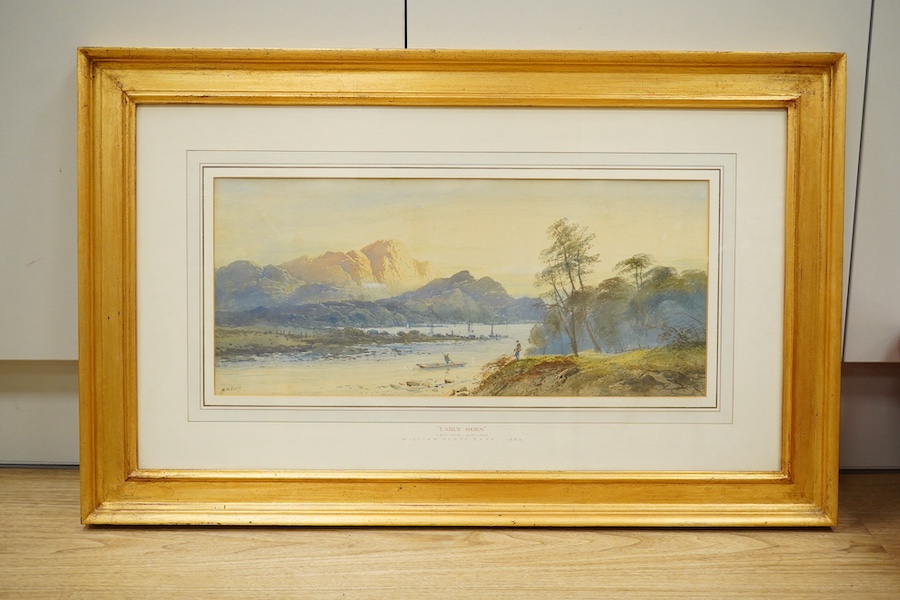 William Henry Earp (1831-1914), pair of watercolours, 'Early morn Loch Katrine, Scotland' and 'Early morn, Loch Awe, Scotland', each signed and dated 1885 to the mounts, 23 x 52cm, gilt frames. Condition - fair to good